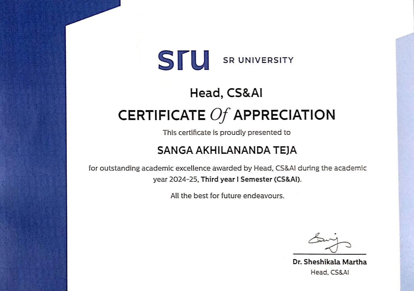 Certification of Appreciation for Academic Excellence